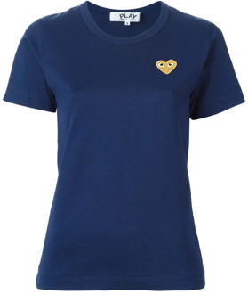 Navy Katoenen Dames T-shirt met Gouden Hart Borduursel Comme des Garçons Play , Blue , Dames - L,M,S,Xs