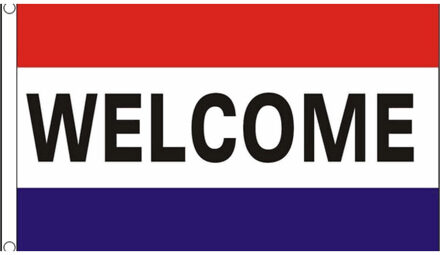 Nederlandse vlag met tekst welkom - 90 x 150 cm - polyester stof - met ophang ringen Multi
