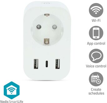 Nedis SmartLife Slimme Stekker | Wi-Fi | Energiemeter | 3680 W | Type F (CEE 7/7) / 1x USB-C / 2x USB | An Smart home accessoire Wit