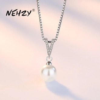NEHZY 925 sterling silver new ladies fashion jewelry high quality crystal zircon pearl V-shaped pendant necklace length 45CM