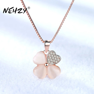 NEHZY 925 sterling silver new ladies fashion jewelry high quality pink crystal zircon flower leaf pendant necklace length 45CM