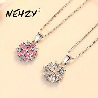 NEHZY 925 sterling silver new ladies fashion jewelry high quality pink crystal zircon flower pendant necklace length 45CM