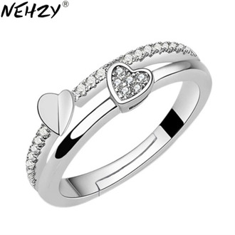 NEHZY 925 sterling silver New Woman Cubic zirconia silver ring opening the adjustable ring asymmetrical heart-shaped jewelry