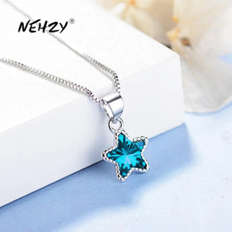 NEHZY 925 Sterling Silver New Woman Fashion Jewelry High Quality Blue Crystal Zircon Pentagram Pendant Necklace Length 45cm