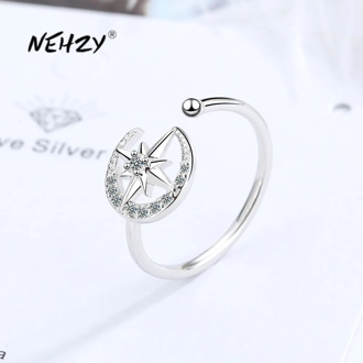 NEHZY 925 Sterling Silver New Woman Fashion Jewelry High Quality Crystal Zircon Star Moon Open Ring Size Adjustable Ring