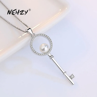 NEHZY 925 Sterling Silver New Woman Fashion Jewelry High Quality Pearl Crystal Zircon Key Hollow Pendant Necklace Length 45CM