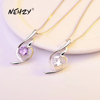 NEHZY 925 Sterling Silver New Woman Fashion Jewelry High Quality Purple Crystal Zircon Retro Simple Pendant Necklace Length 45cm