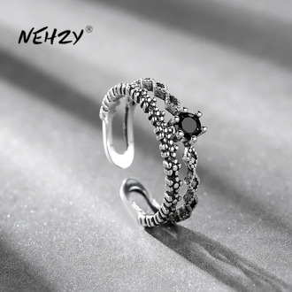 NEHZY 925 Sterling Silver Ring High Quality Hollow Woman Fashion Jewelry Opening Adjustable Zircon Ring Thai Silver Black