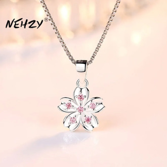 NEHZY 925 Sterling Silver Women's Fashion New Jewelry High Quality Retro Simple Pink Crystal Flower Pendant Necklace Long 45CM
