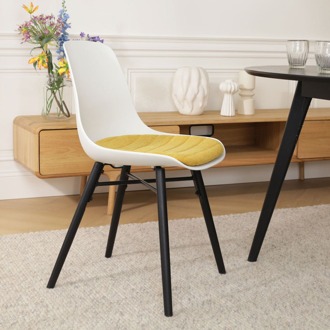 Nena-Liv eetkamerstoel wit met okergeel zitkussen - zwart houten onderstel