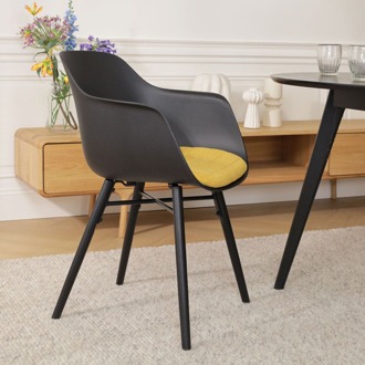 Nena-Liz eetkamerstoel zwart met okergeel zitkussen - zwart houten onderstel