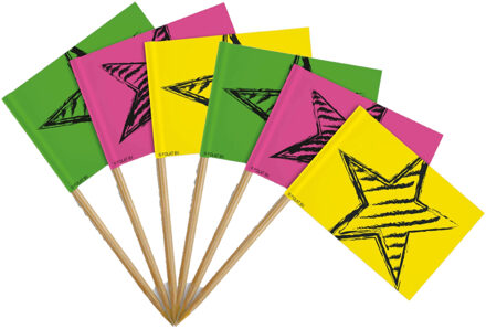 Neon kartonnen hapjes / verjaardag prikkers - cocktailprikkers - 108x stuks - felle kleuren