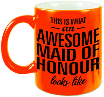 Neon oranje awesome maid of honour cadeau mok / beker voor je getuigen 330 ml - feest mokken