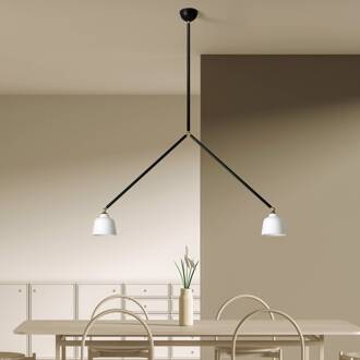 Neoretro hanglamp, 2-lamps, zwart/melkachtig, gewrichten zwart, wit, messing