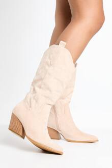 Nep Suède Laarzen Tot Aan De Kuit Met Borduursels In Westernstijl, Beige - 36