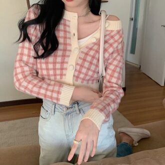 Neploe O Hals Lange Mouw Enkele Borst Gebreide Trui Vesten Vrouwen Vintage Plaid Slim Fit Korte Pull Femme Jas Lente sueter