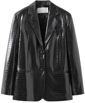 Nerazzurri Lente Zwarte Reflecterende Krokodil Print Lederen Blazer Jas Voor Vrouwen Lange Mouwen Zachte Faux Lederen Blazers Vrouwen