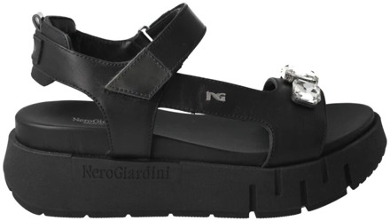 NeroGiardini Zwarte leren sandaal met kristaldetail Nerogiardini , Black , Dames - 37 Eu,39 Eu,38 Eu,36 EU