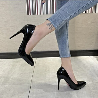 New 10cm red color pointed high heels stiletto shallow mouth sexy black patent leather work shoes women's shoes Plus Size 34-43