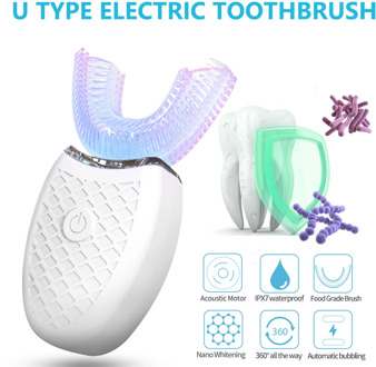 New 360 Degrees Intelligent Automatic Sonic Electric Toothbrush USB Rechargeable Ultrasonic U Shape 4 Modes Timer Blue Light