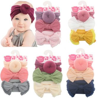 New 3pcs/lot Fashion Baby Nylon Bow Headband Newborn Bowknot Round Ball Headwrap Flower Turban Girls Kids Hair Bands Gift Sets