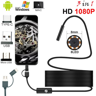 New 8.0mm Endoscope Camera 1080P HD USB Endoscope with 8 LED 1/2/5M Cable Waterproof Inspection Borescope for Android PC