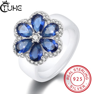 New 925 Sterling Silver Flower Ceramic Ring For Women With Blue Crystal Fashion Trendy Wedding Jewelry With 8mm Smooth Ring Gift