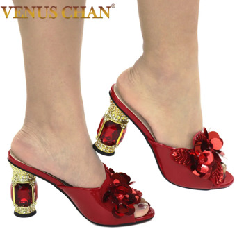 New Arrival Red Color African Wedding Shoes Woman Open Toe Ladies Sandals Shoes Party Wedding Shoes Decorated with Rhinestone