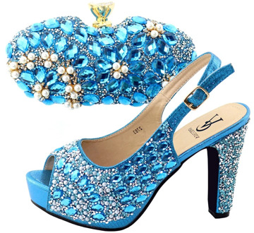 New arrival turquoise blue sandal lady shoes with clutches bag matching set for african aso ebi high heel 4.4 inches SB8321-5