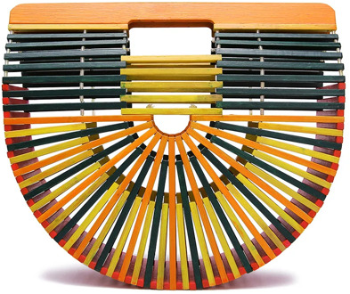 New fashion bamboo handmade women totes bag summer hallow out colorful hard striped handbags