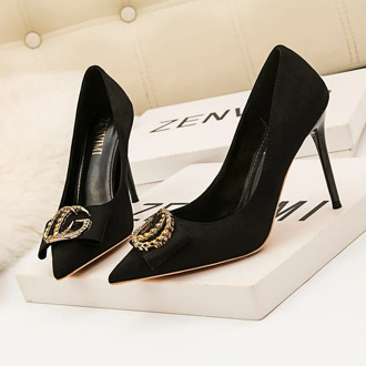 New fashion elegant banquet women's high heel suede diamond metal button wedding shoes single shoes