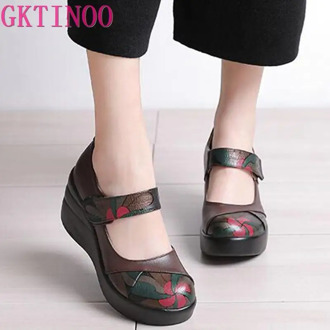New fashion high heels women pumps,women ethnic style genuine leather wedge shoes woman single casual shoes women shoes