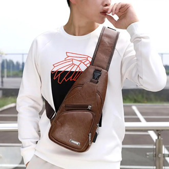 New Fashion Male PU Leather USB Shoulder Crossbody Chest Bags Multi-Function Messenger Bag Casual Canvas Men's Chest Bag