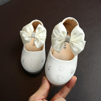 New Girls Shoes Spring Kids Bow Princess Flat Leather Shoes Toddler Girl Party Shoes Wedding Children Dress Crystal Soft Loafers
