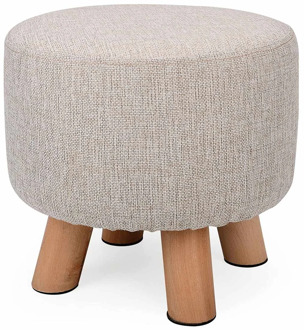 NEW Living Room Luxury Upholstered Footstool Nordic Round Pouffe Stool Wooden Leg Pattern Round Fabric With 4 No-Skid Legs