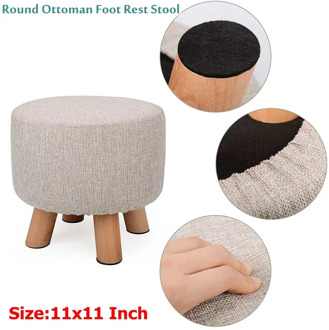NEW Living Room Luxury Upholstered Footstool Nordic Round Pouffe Stool Wooden Leg Pattern Round Fabric With 4 No-Skid Legs