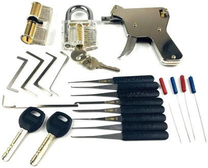 New Locksmith Tools,Lock Gun with Transparent Practice Locks Broken Key Extractor Pick Tool ,Great Lock Pick Practice Set