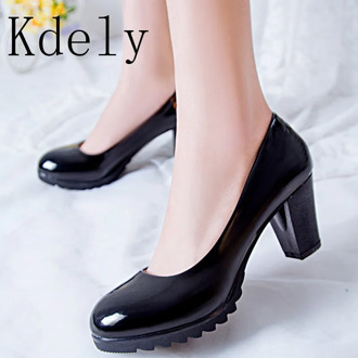 New OL Women Pumps Shoes Women PU Leather Shallow Slip-On Solid Round Toe High heels Wedding Party Derss Shoes Mujer Plus size40