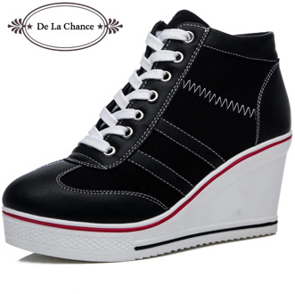 New Plus Size Women Wedge Sneakers Causal Shoes Woman Breathable Platform Black White Canvas Shoes Lace Up Hidden Wedge Shoe