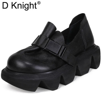 New Pumk Pumps Women Shoes Genuine Leather Thick Bottom Wedge Heel Shoes Woman Round Toe Slip On Women Platform High Heels Shoes