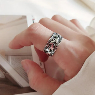New Retro Temperament Leaf 925 Sterling Silver Jewelry Personality Wide Thai Silver Embossed Olive Leaf Opening Rings SR497