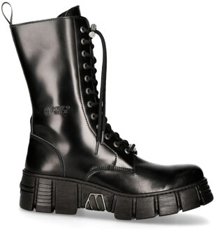 New Rock Boots Leren toren-bikerlaarzen met middelhoge kuit - M-WALL027N-C2 Zwart