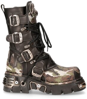 New Rock Flame geaccentueerde leren motorlaarzen met camouflagemotief - M-591-S15 Zwart