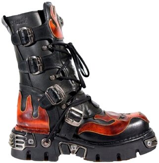 New Rock Flame geaccentueerde zwart/rode leren biker-schedellaarzen - 107-S1 - EU 38