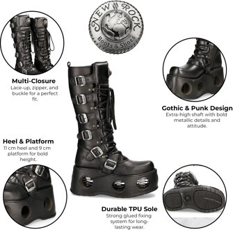New Rock M-272-S2 Neptuno Metallic Kniehoge Zwarte Leren Gothic Laarzen - EU 40