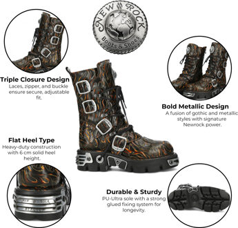 New Rock M-591-C62 halfhoge zwarte vlammen leren metallic gothic laarzen - EU 40