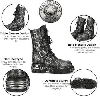 New Rock M-591-C63 Halfhoge zwarte stalen leren metallic gothic laarzen