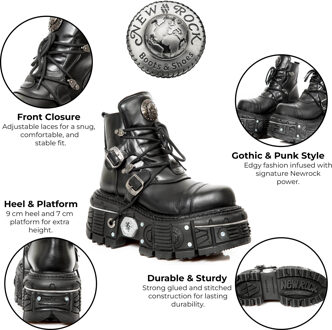 New Rock M-TANK007-S1 Zwarte leren Gothic Combat Platform enkellaarsjes - EU 46