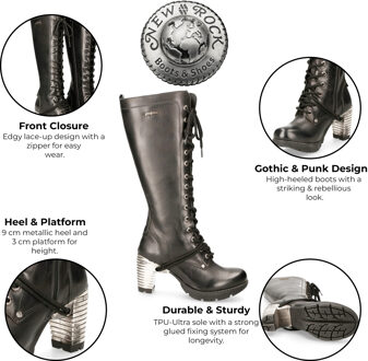 New Rock M-TR005-S1 Dames Kniehoge Zwarte Gothic Hoge Hakken Laarzen - EU 36