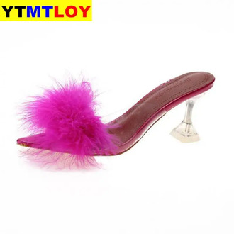 New Shallow Women Pumps Pointed Toe Flock High Heels Ladies Shoes Sexy Thin Heeled Fur Ball Party PVC Woman Zapatos Mujer